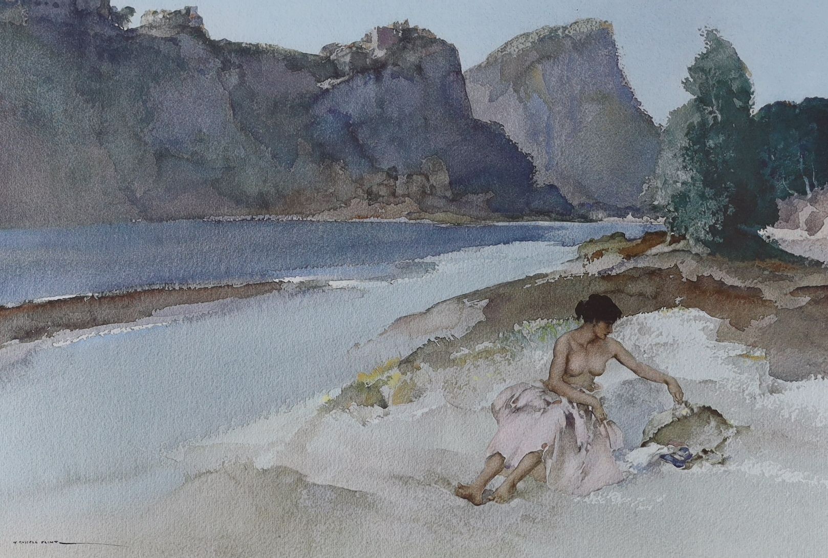 William Russell Flint, four assorted limited edition prints, 'Roxanne, France', 'Sara', 'Reclining Nude 2' and 'The Shower' and a colour reprint, largest 42 x 65cm